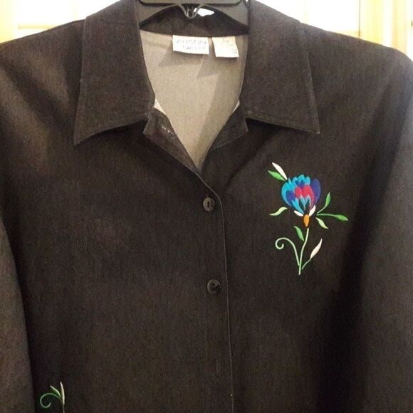 Allison Daley Floral Denim Blue Jean Shirt  Sz L - Picture 7 of 7